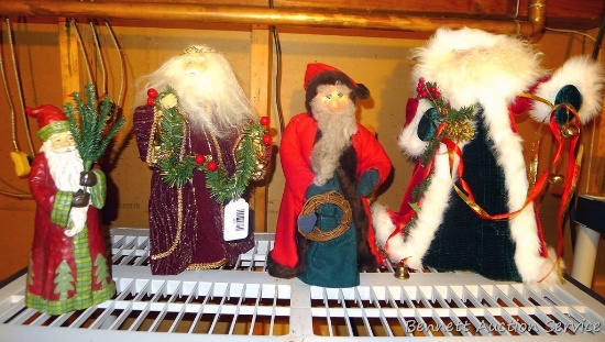 Folk Art Santa is carrying a wreath, stands 14"; Two Old World or Victorian style Santa tree
