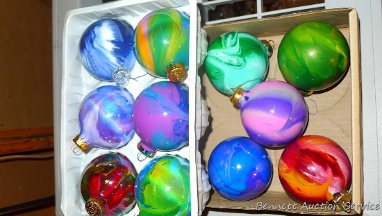 Eleven swirl painted glass Christmas ornaments - very pretty.