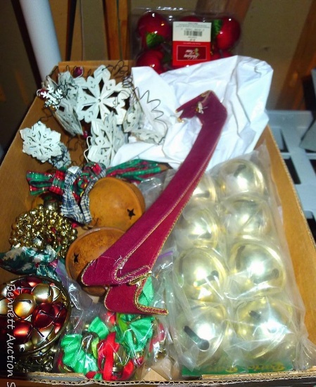 Nice assortment of Christmas bells, stamped snowflake garland, wreath hangers, more.