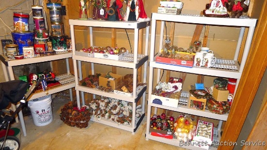 Three plastic shelving units are handy in the basement, garage or closet. Tallest is 5' x 3' x 18";
