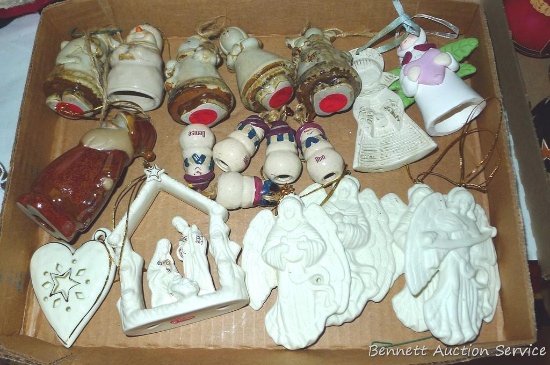 Porcelain angel ornaments up to 4"; Porcelain Nativity and other ornaments; more.