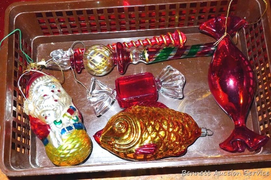 Six hand blown glass Christmas ornaments as pictured, longest is 7-1/2"