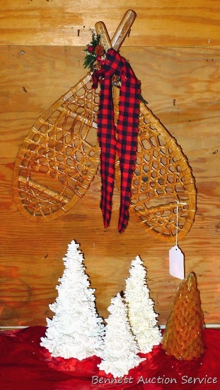 Set of three white Christmas trees by Dept. 56, tallest is 9-1/2"; decorative pair of 18" snowshoes;