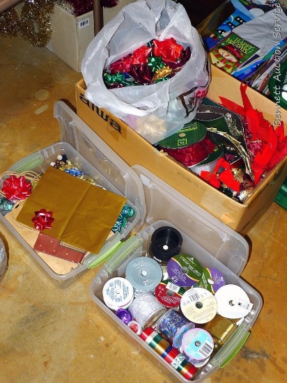 Two 17" totes, plus a box filled with assorted holiday ribbon.