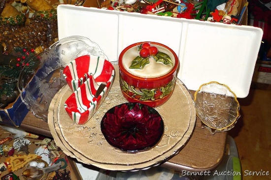 Clear glass and other holiday dishes including divided platter that is 20" long.