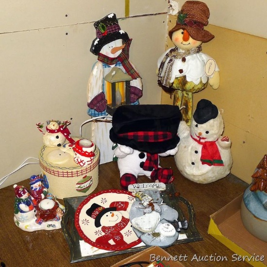 Snowman themed pieces including canister, candle holder, plate, platter, figures up to 22" and more.