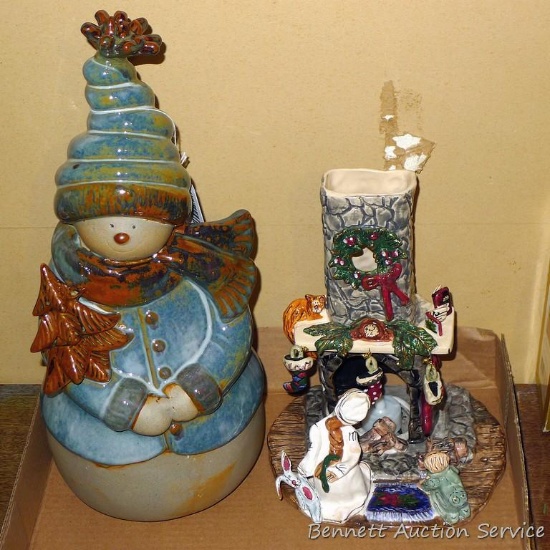 Ceramic snowman stands 17" tall; Watching for Santa electric candle display.