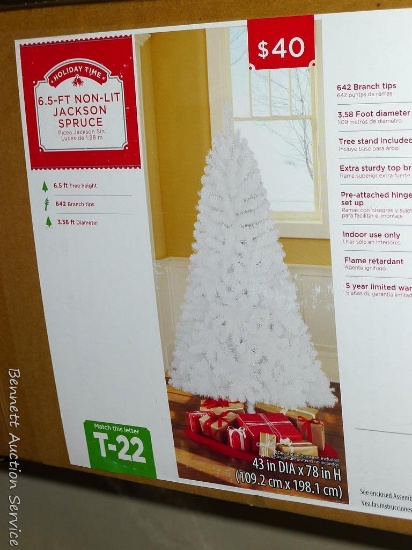 6-1/2' tall white Jackson Pine artificial Christmas tree, plus strings of lights with white cords,