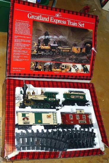 Greatland Express Train Set in original box. Pieces appear in good shape, though box is a little