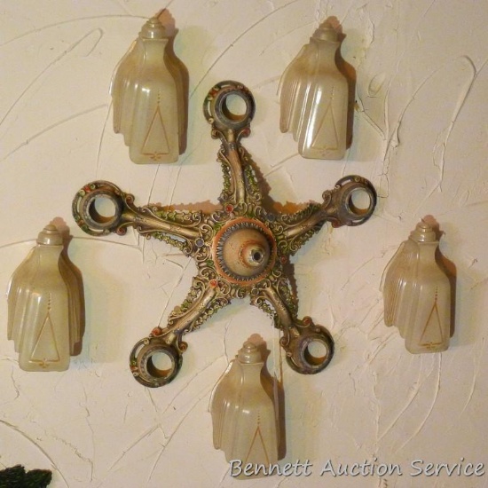 Antique hanging chandelier frame with 5 art deco glass sconces. Frame is in good condition and