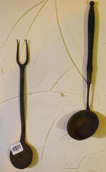 Unique primitive cooking utensil has what may be a flipper on one end and a fork on the other, 17";