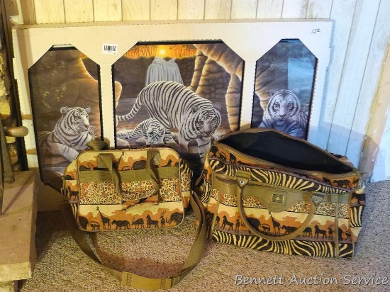 Set of new tiger prints, two Pioneer Express safari print bags. Tiger prints measure 16 in. x 22 in.