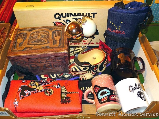 Carved wooden storage box, Alaskan Native American & other collectibles. Other wooden box has a