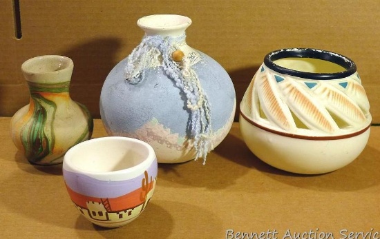 Four smaller vases Incl. some Southwestern. One has paint wear. Others in good condition. Largest is