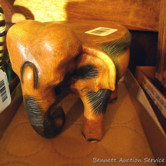 Wooden Elephant plant stand, ?Father and Daughter? Willow Tree figure, Royo Designs Ceramic seals.