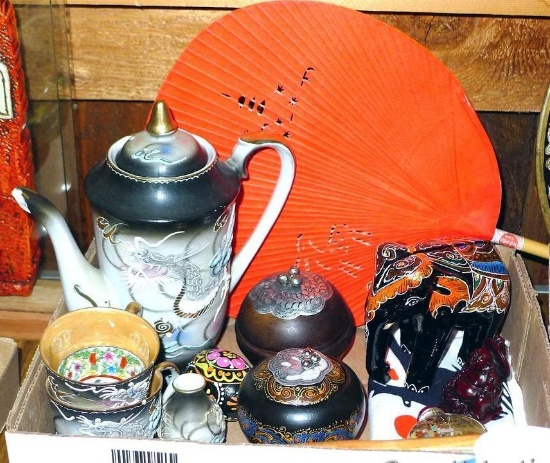 Lot of Oriental themed decor including fans, trinket boxes, Buddha, more. Ceramic pieces have some