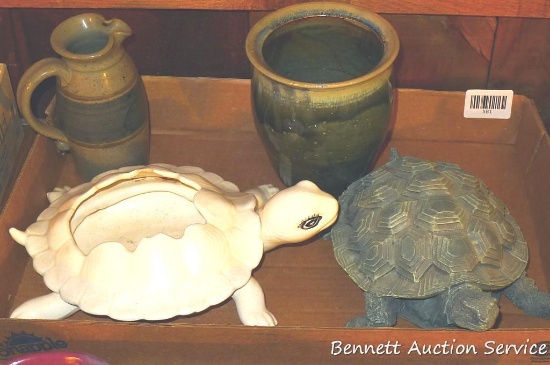 Ceramic vase marked MW, turtle marked Guat, plastic turtle, more. Turtle planter has some chips on