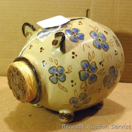 Wonderful hand made ceramic piggy bank with floral painting. Great condition. Unknown mark on the