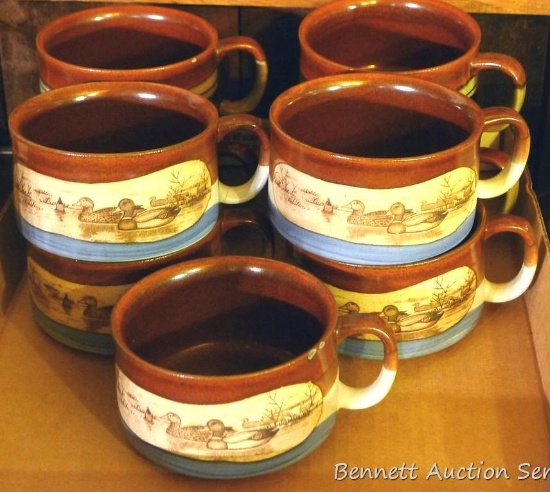 9 ceramic soup bowls with duck theme. Some have chips on the rim and/or handles that have been