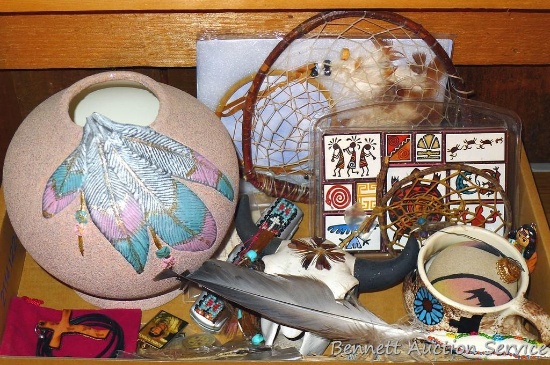 Lot of native American Decor Including ceramic vase, mug, stamp set, dreamcatcher, more. Large vase
