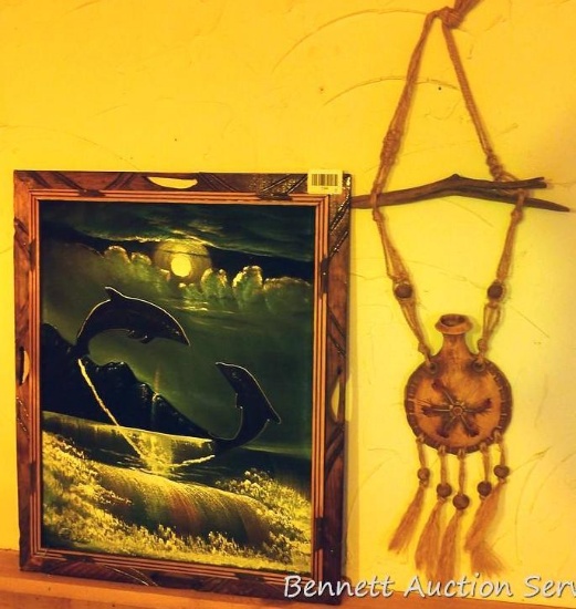 Dolphins in the moonlight on velvet, frame is 23" tall. Other wall hanging 2-1/2'.