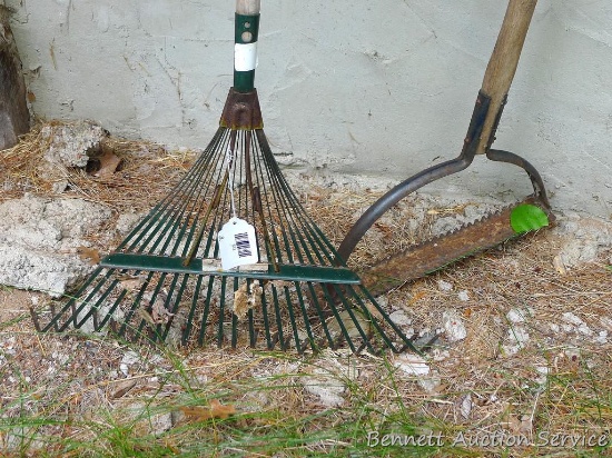 Swing-style weeder; metal tined leaf rake.