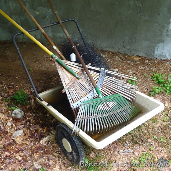 Three leaf rakes, plus a plastic lawn & garden cart, fruit tree netting.