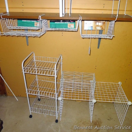 Closet and cabinet organizers including rolling wire rack that stands 30" high.