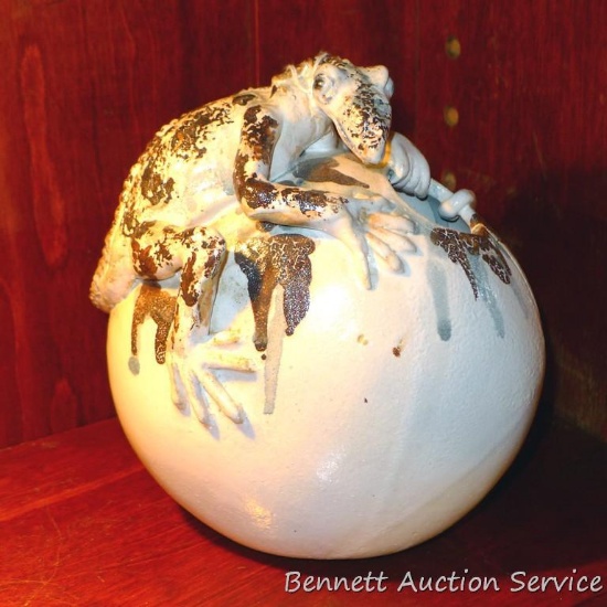 Tall round ceramic vase with large gecko on top by Irene Gimeno. Appears to have cracked down one