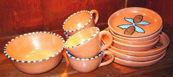 Twelve pcs. of Southwestern style dinnerware by Irene Gimeno. One piece has a repair on it, but all