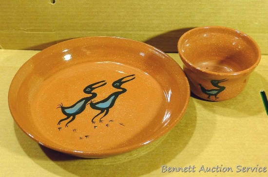 Ceramic pie plate and cup with dodo bird painted on them by Irene Gimeno. Both in nice condition.
