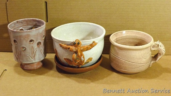Four brown ceramic pieces including planter, by Irene Gimeno. All pieces in good condition. Largest