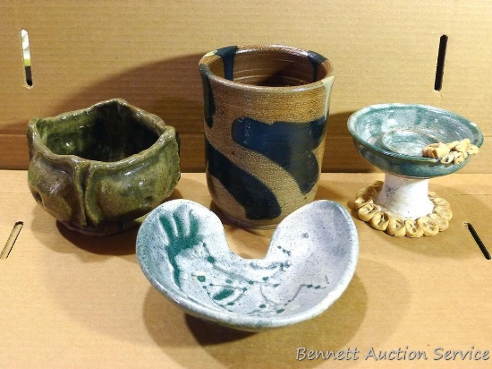 Ceramic candle holder, vases, bowls by Irene Gimeno. All in good condition. Tallest piece is 5.5?