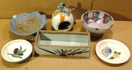 Six pieces of small pottery bowls, some by Irene Gimeno. All pieces in good condition. Longest piece