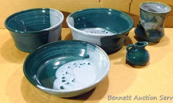 Five pieces of green & grey pottery by Irene Gimeno. All in good condition. Largest bowl measures