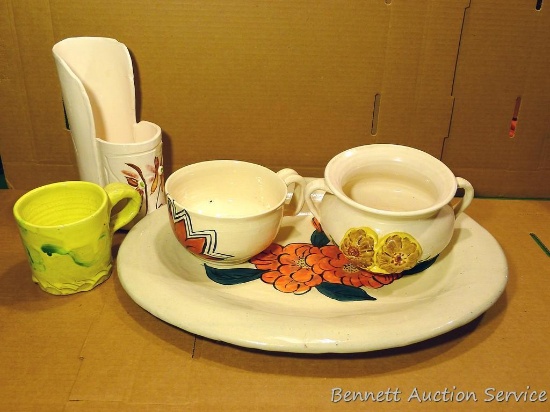 Lot of 5 hand made ceramic pieces by Irene Gimeno, including cups and serving platter. All appear in