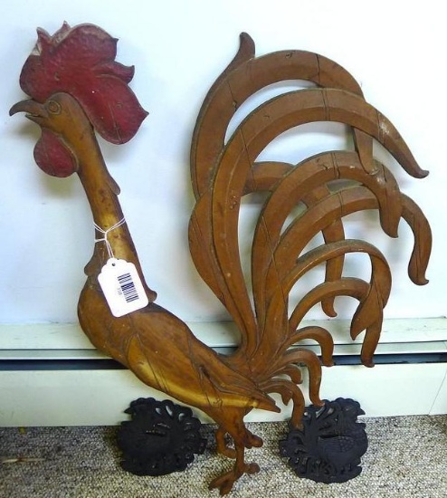 Great cast metal rooster stands 28" tall, plus two smaller cast chicken plaques.