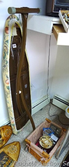 Heavy duty ironing board, wooden clothes pins, basket, more.