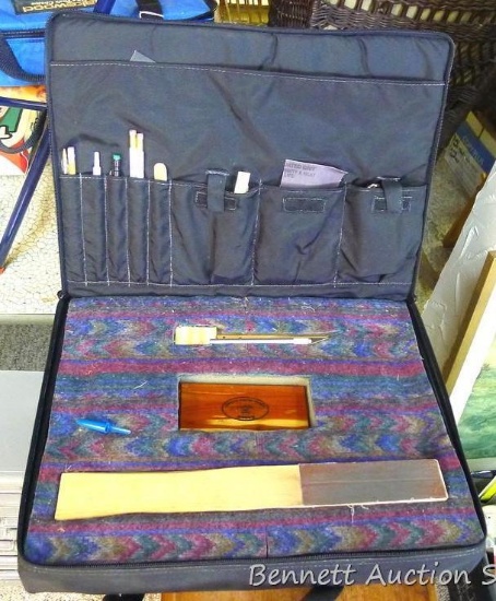 Two Lakewood nylon cases. Larger is 18" wide and contains Kabar oilstone in wooden case, partial can