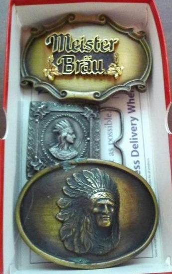 Three belt buckles. Meister Brau buckle is marked 1980 and is 3-1/2".