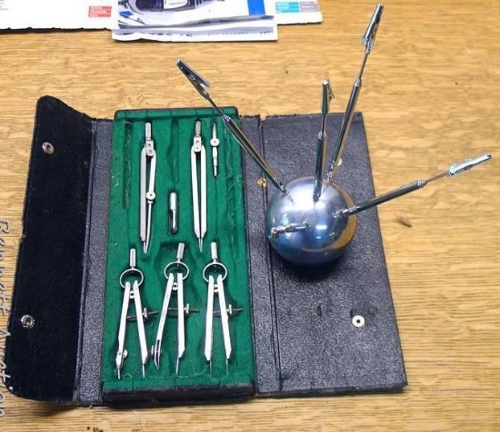 Drafting tool set, some pieces marked Germany; articulated telescoping clips, piece stands 8" tall.