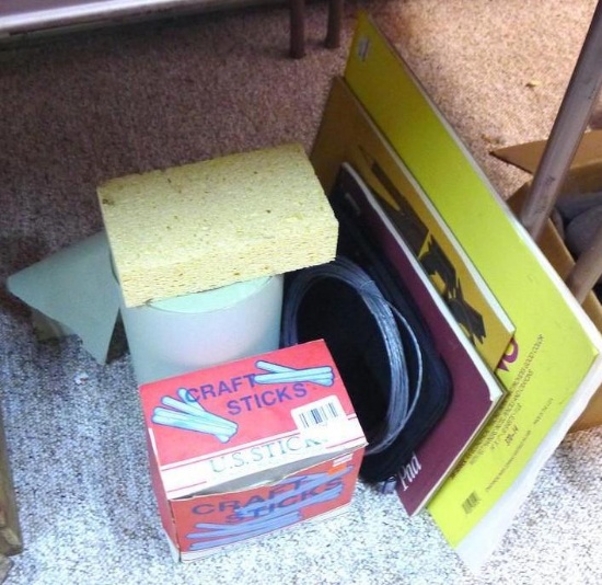 Craft papers, sticks, picture hanging wire, tracing paper, sketch pad, more.