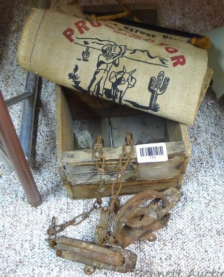 Neat old wooden crate, two small traps - one is a Victor; Prospector Flax Water Bag is approx. 12" x