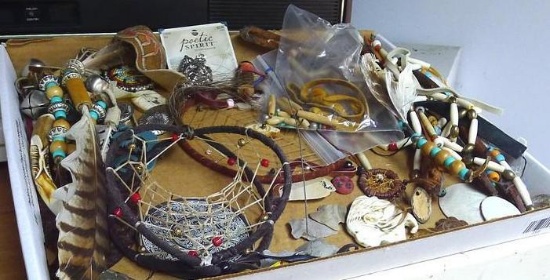 Dream catcher, plus stings of beads ready for projects, and more.