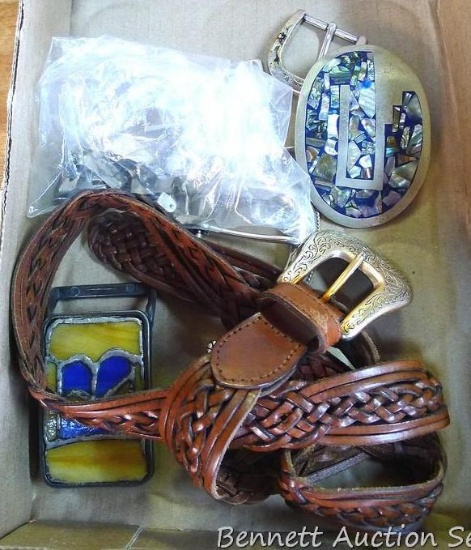 Stained glass belt buckle is 3-3/4"; inlaid belt buckle is nearly 4"; piece and parts, plus a