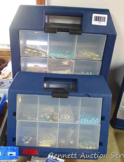 Two Rubbermaid organizers with assorted beads. Larger organizer is 16" x 13" x 3".