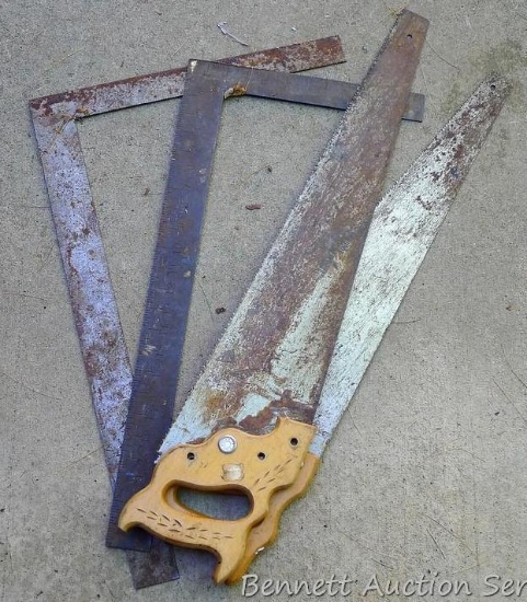 No shipping. 2 framing squares and 2 crosscut saws.