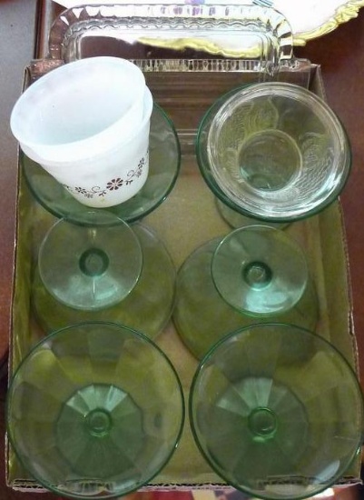 Six green Depression glass footed ice cream dishes by Federal; four other pieces.