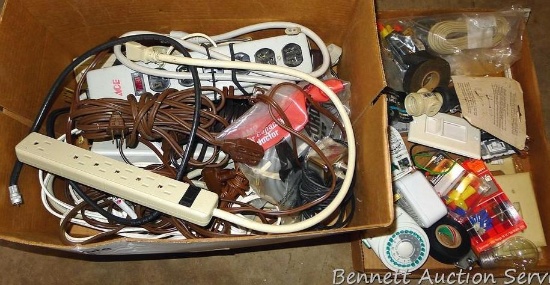 18" box of cords, power strips, electric timers, other electrical components.