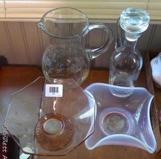 Pink Depression glass bowl is nearly 9" diameter; Cut glass pitcher is 9" tall; Hand blown cut glass